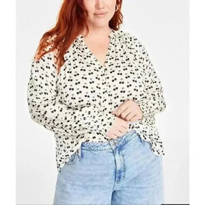 On 34th Women’s Print Cherry Cannoli Cream Smocked Blouse‎ Top Long Sleeves 1X